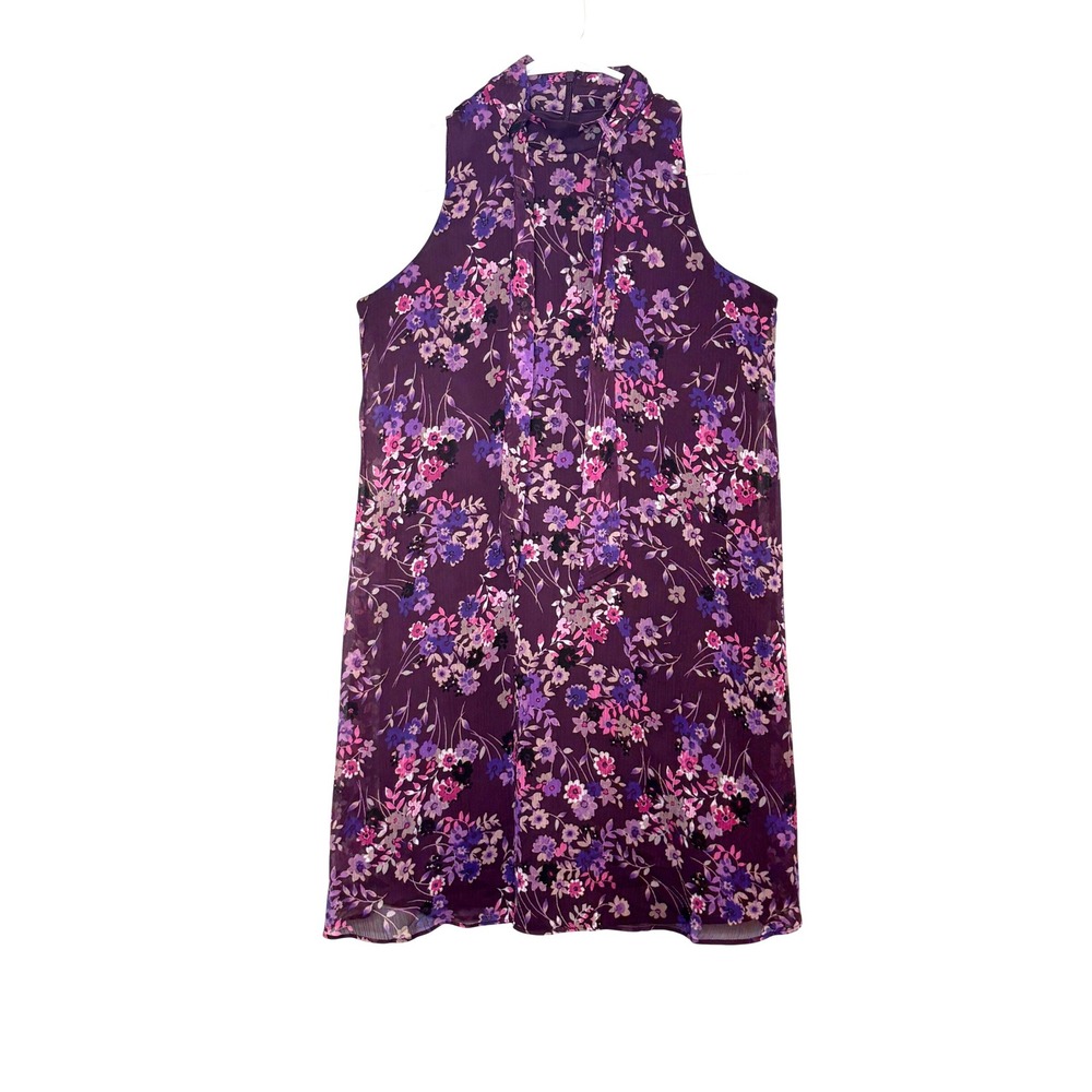 Calvin Klein Purple Chiffon Floral Halter Shift Dress 4 Sleeveless Tie Neck Mini